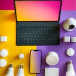 Flat lay of smart home devices including a tablet, smartphone, and bulbs on a vibrant background.