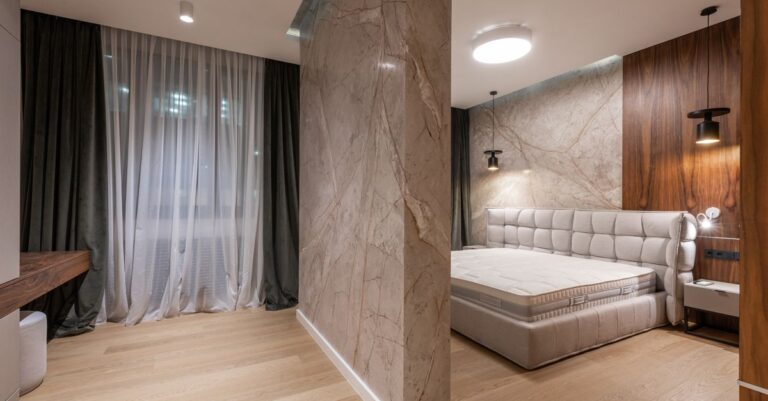 Interior of modern bright bedroom with bed and bedside tables under pendant lamps in evening